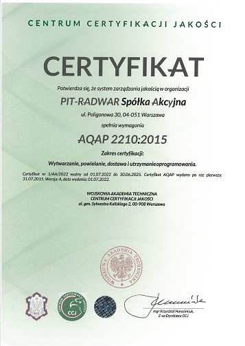 Certyfikat Systemu Jakości - ISO AQAP 2210-2015