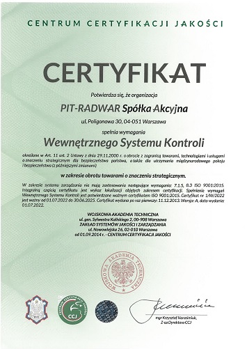 Certyfikat Wewnetrznego Systemu Kontroli - AQAP