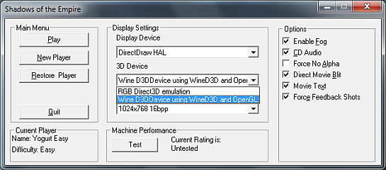 SotE - Wine D3DDevice using WineD3D and OpenGL